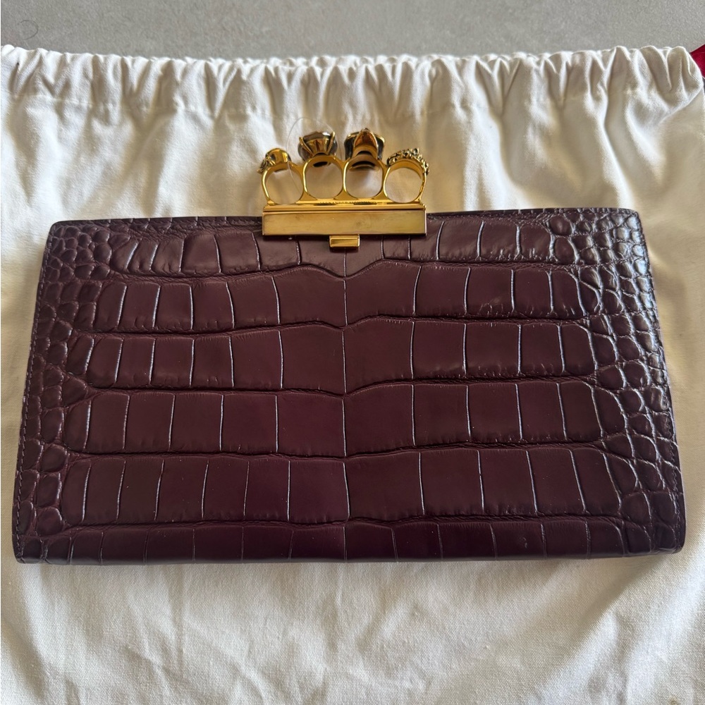 Alexander McQueen Burgundy Crocodile Embossed Clutch with Gold Rings